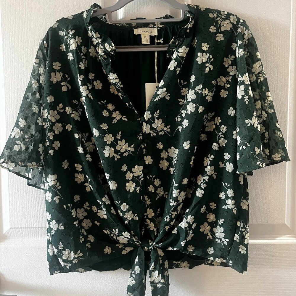 Green Floral Tie Front Blouse